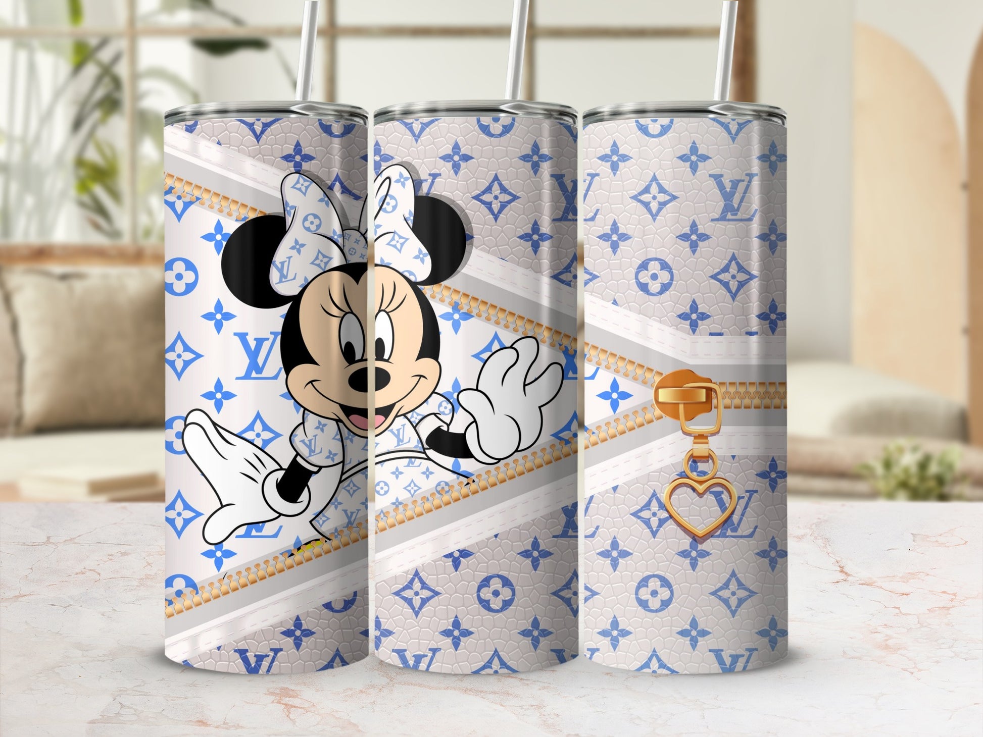Cute Minnie Mouse Print Tumbler with Trendy Blue Patterns