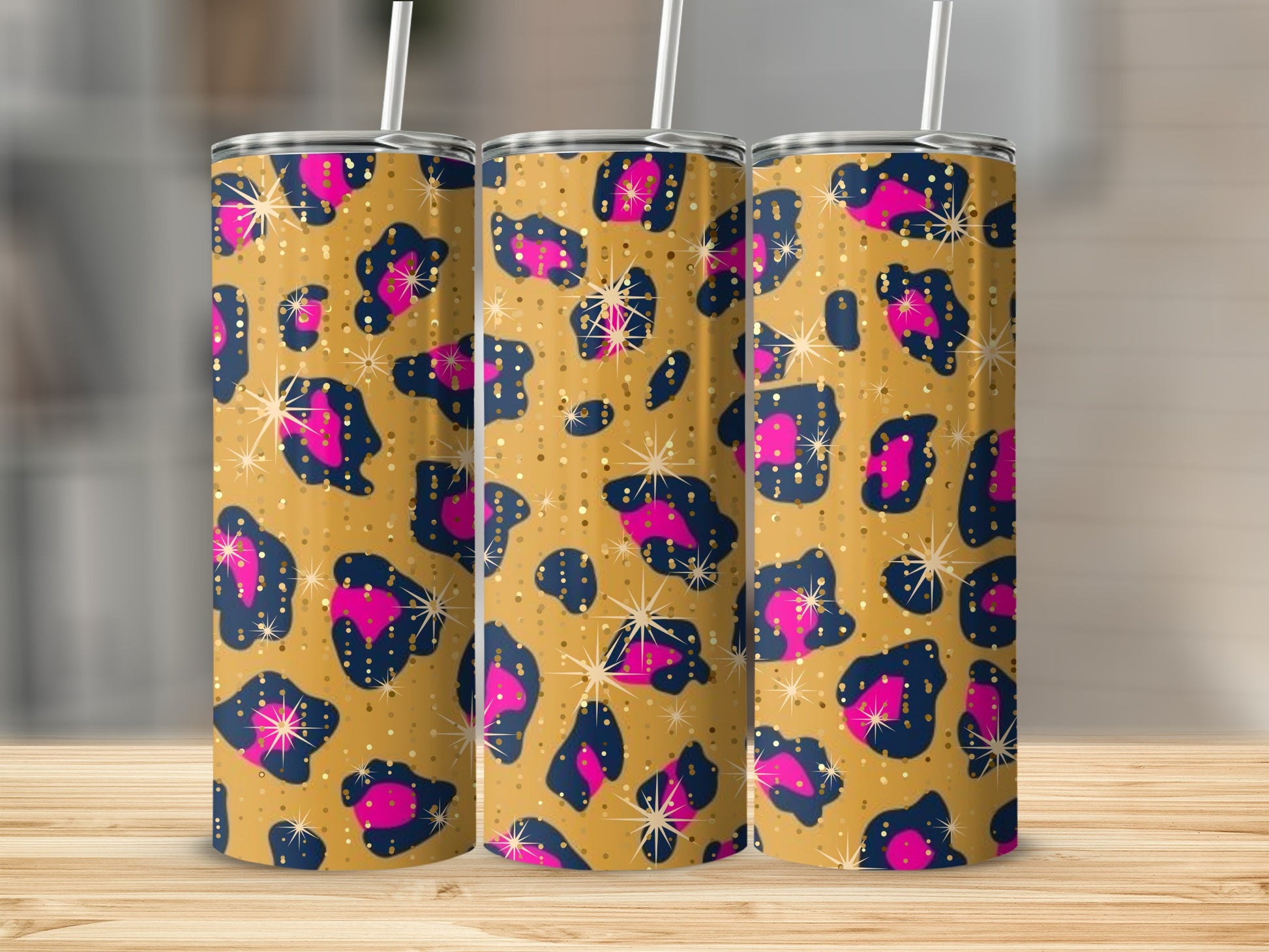 Sparkling Leopard Print Insulated Tumbler with Straw