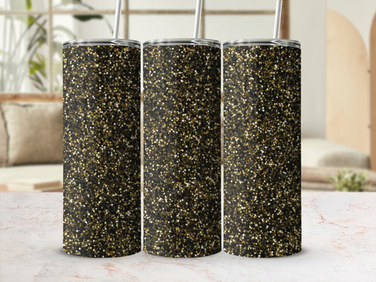 Three glitter tumblers with gold and black sparkles.