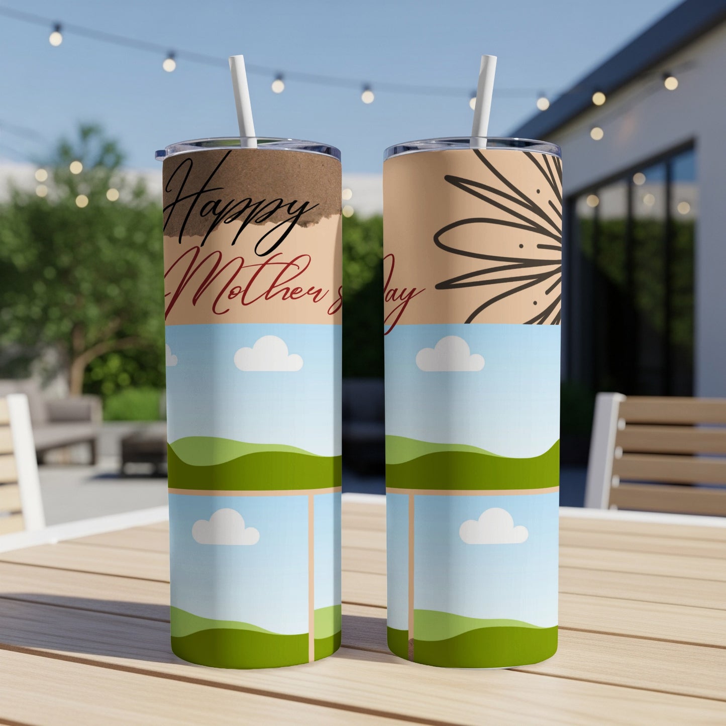Two tumblers with "Happy Mother's Day" text and sky and landscape designs.