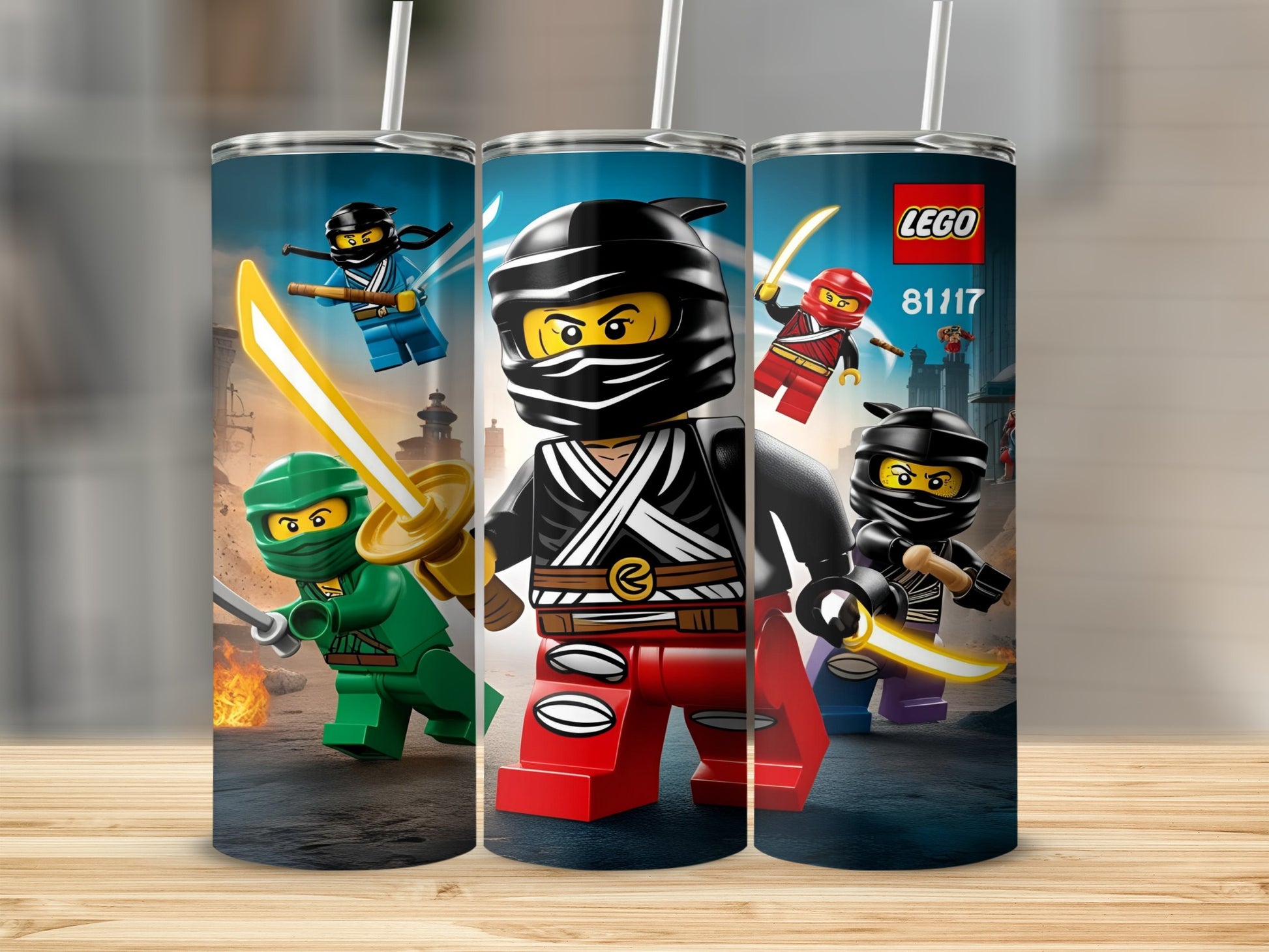LEGO Ninjago characters Kai, Jay, and Zane on a tumbler.