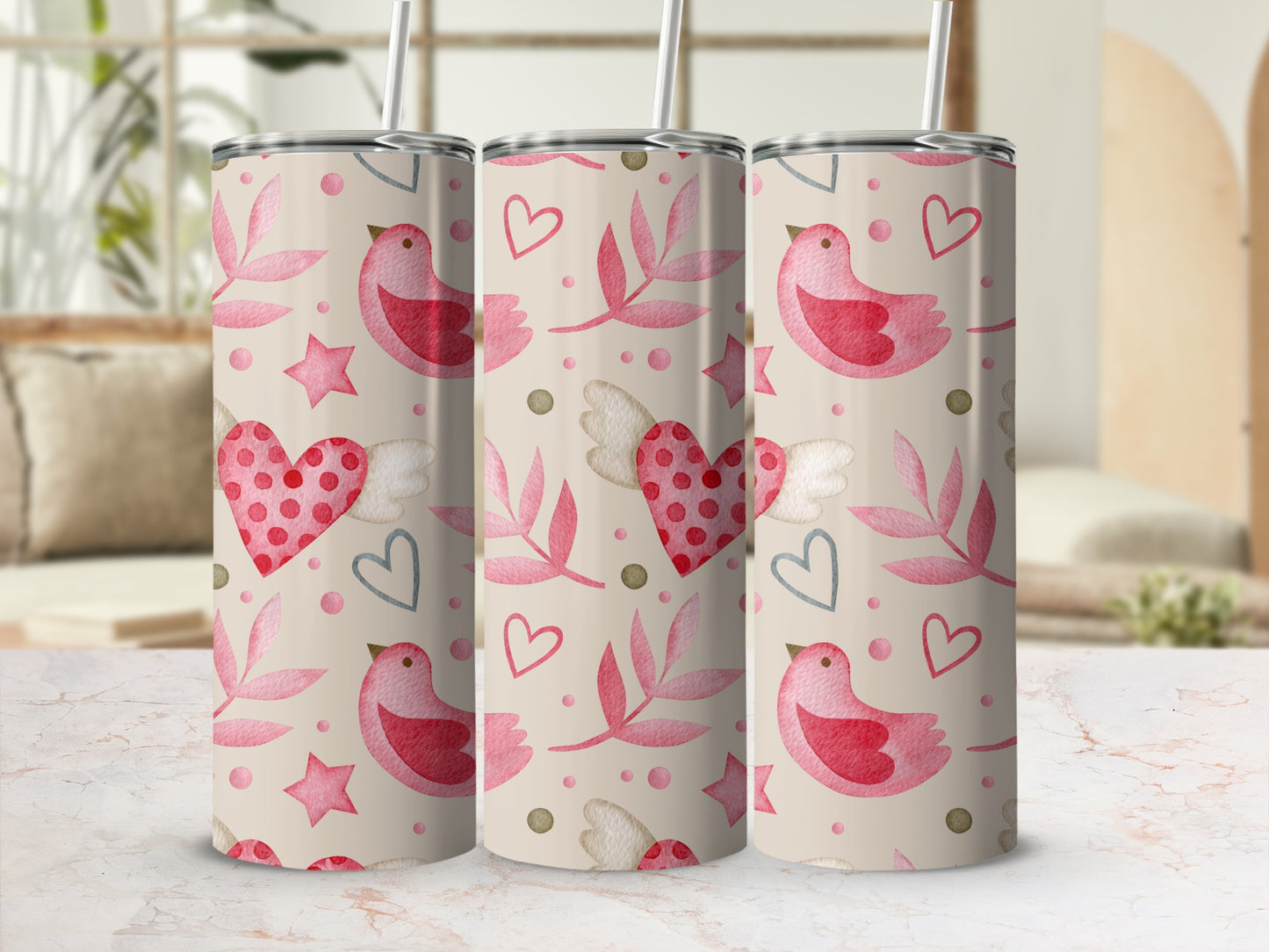 Pink and Red Hearts and Birds Decorative Tumbler