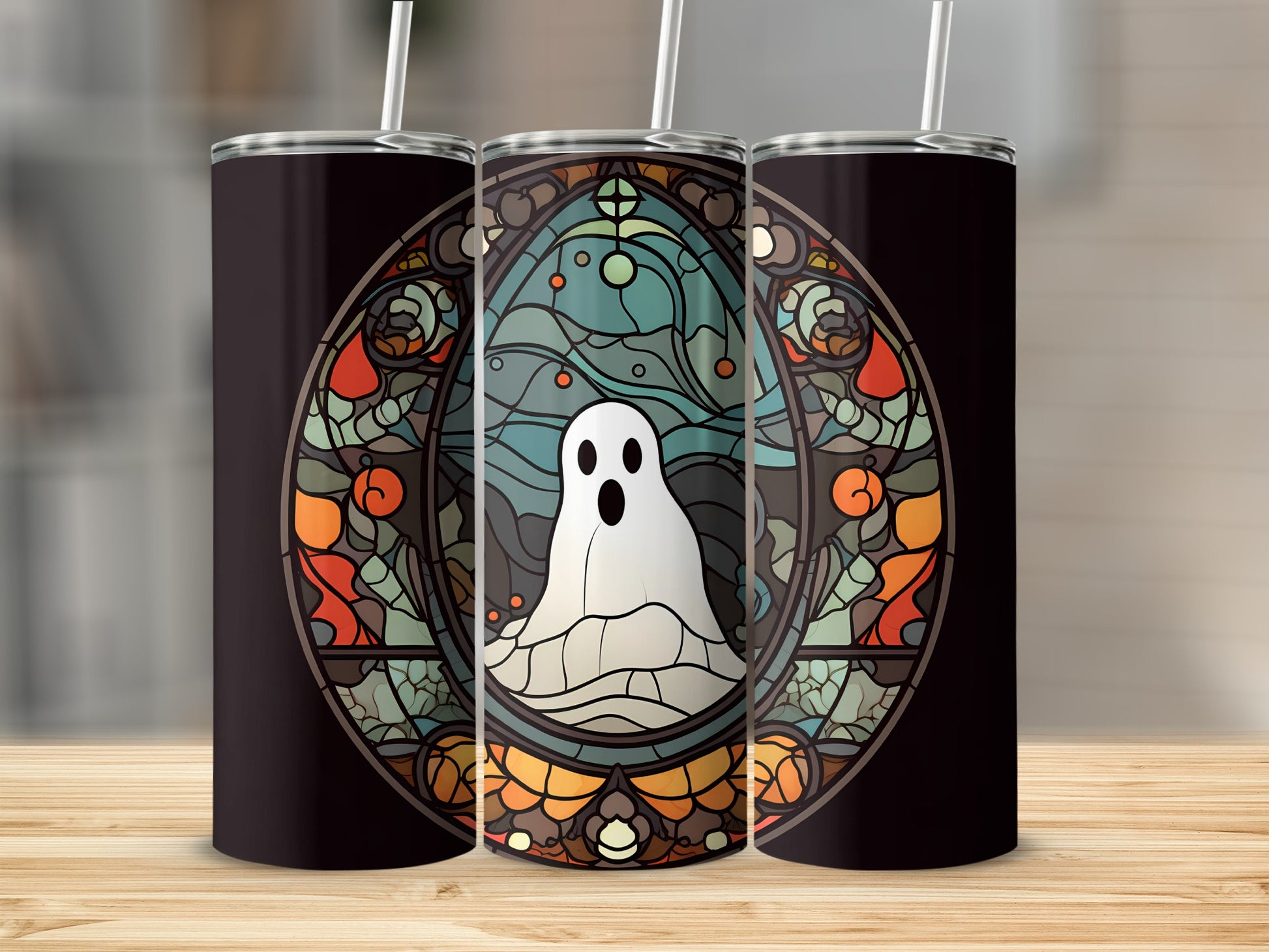 Ghost in stained glass pattern on a black tumbler.