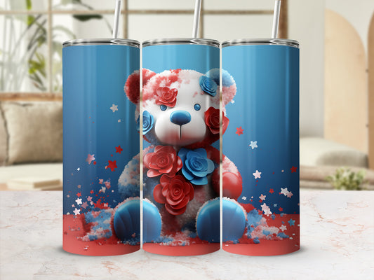 Teddy bear with red and blue flowers on a sparkly, star-dusted background.