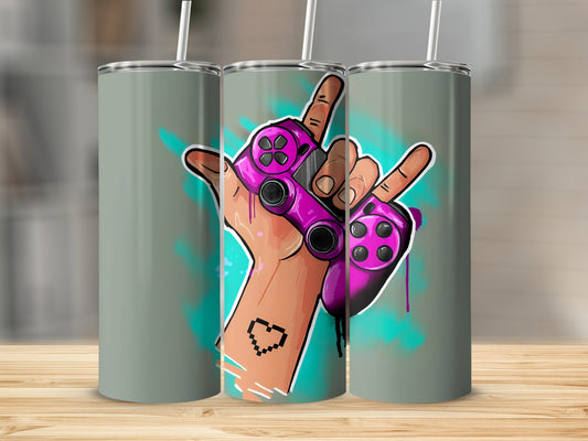 Hand holding a purple video game controller with pixelated heart tattoo.