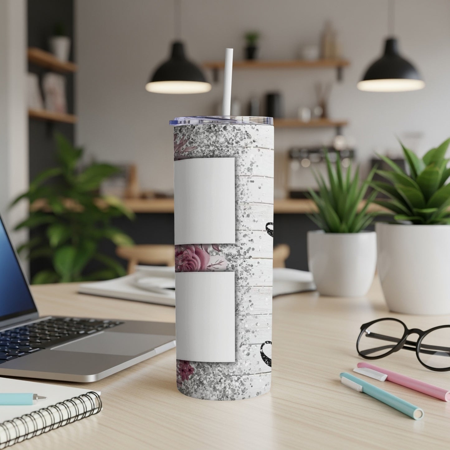 Tumbler with floral, glitter, and wood grain design and two blank white panels.