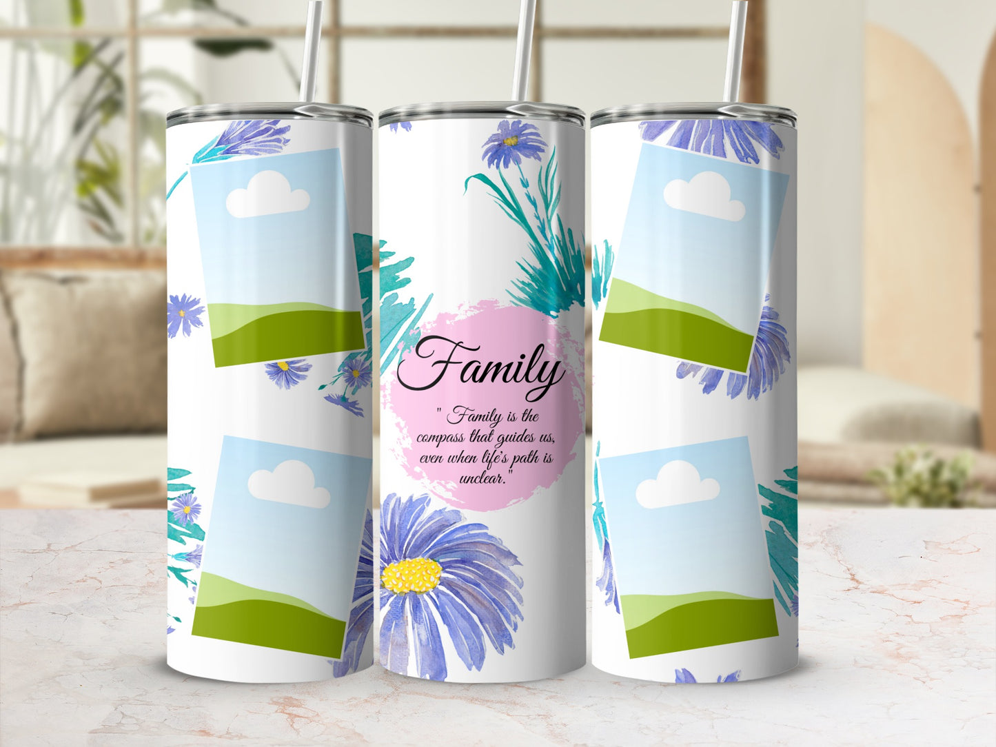 Three tumblers with floral designs and photo frames, one with "Family" quote.