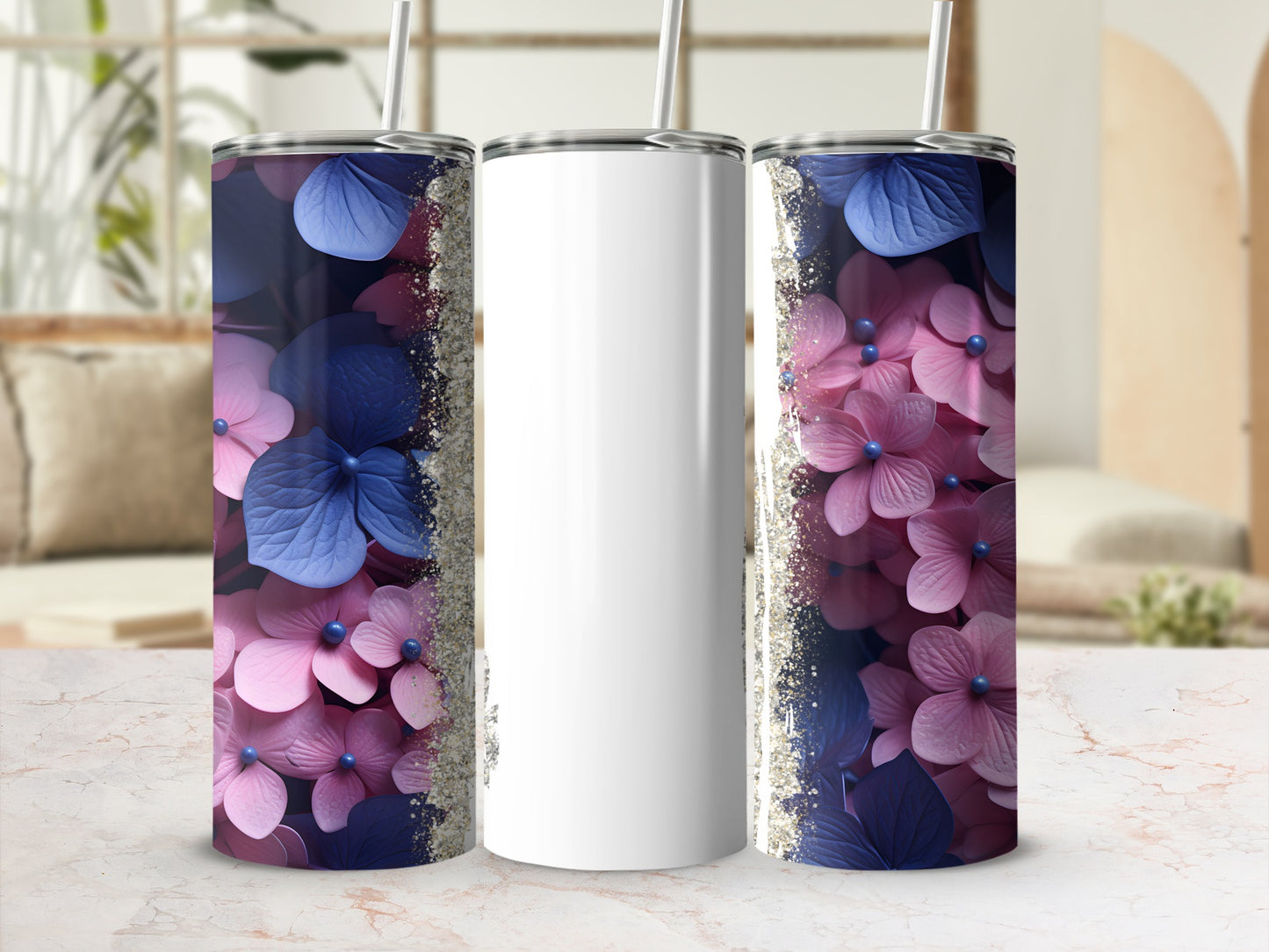 White tumbler with pink and blue hydrangeas and glitter border.