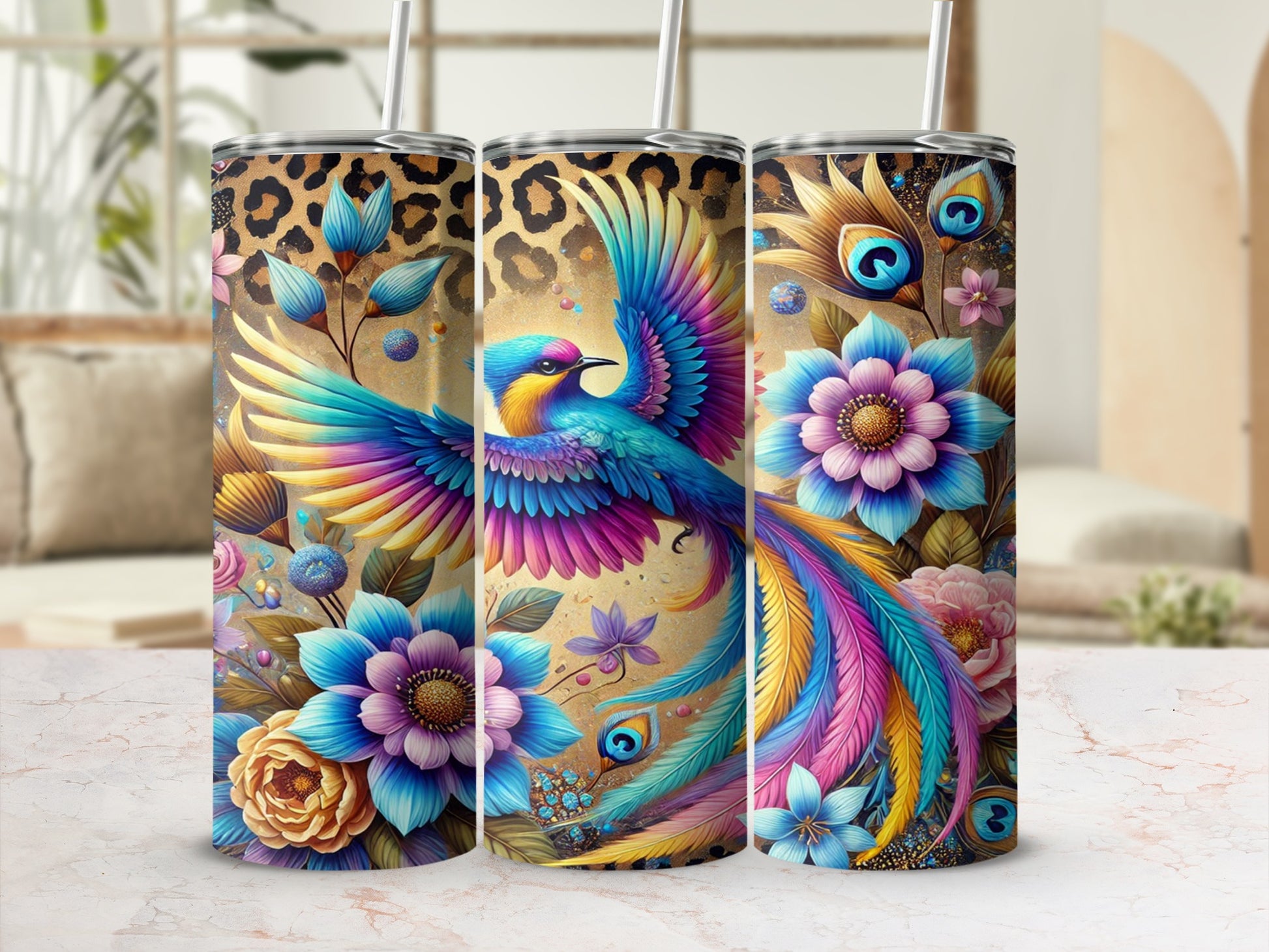 Colorful Peacock and Floral Design Tumbler
