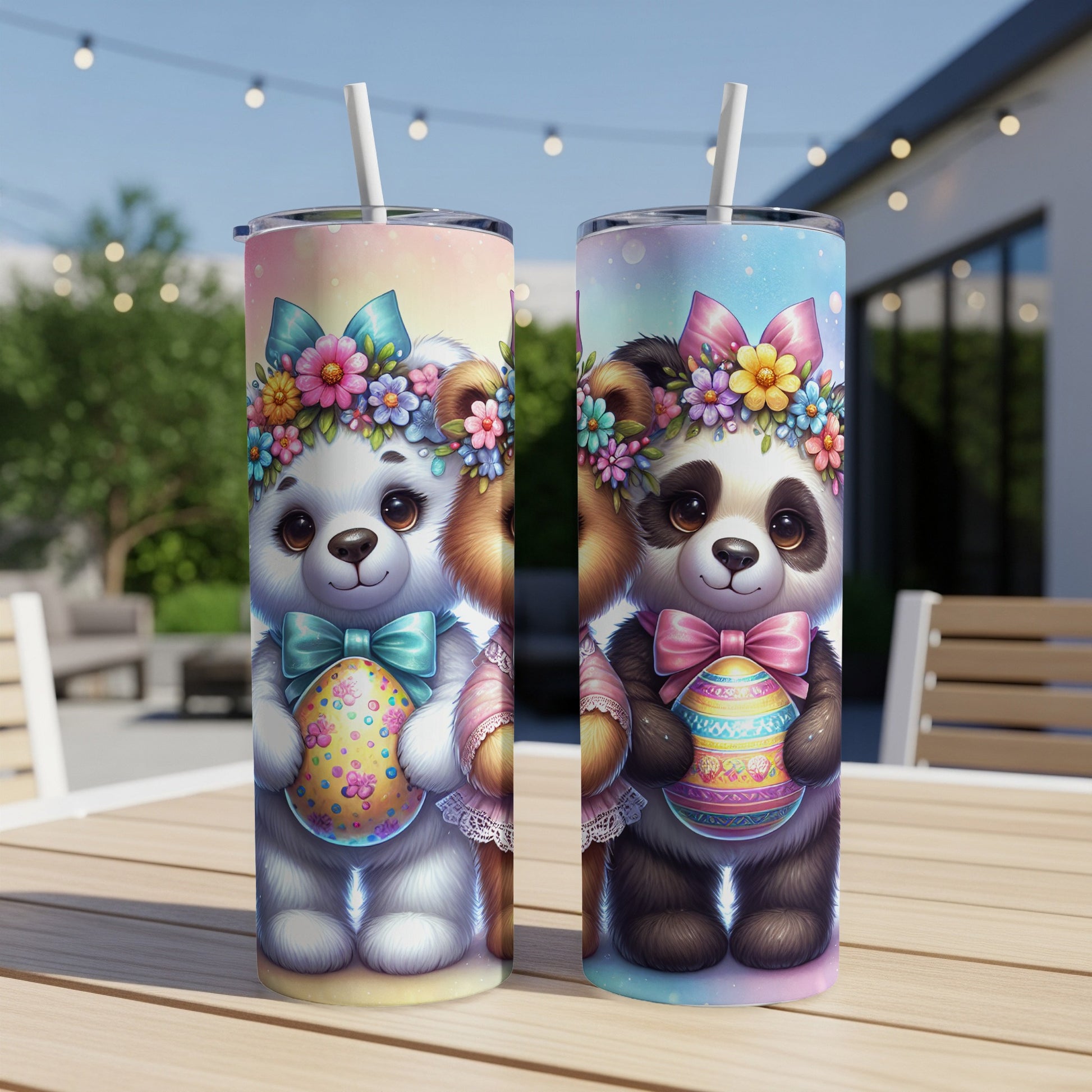 Easter-themed tumblers featuring a dog and a panda holding decorated eggs.