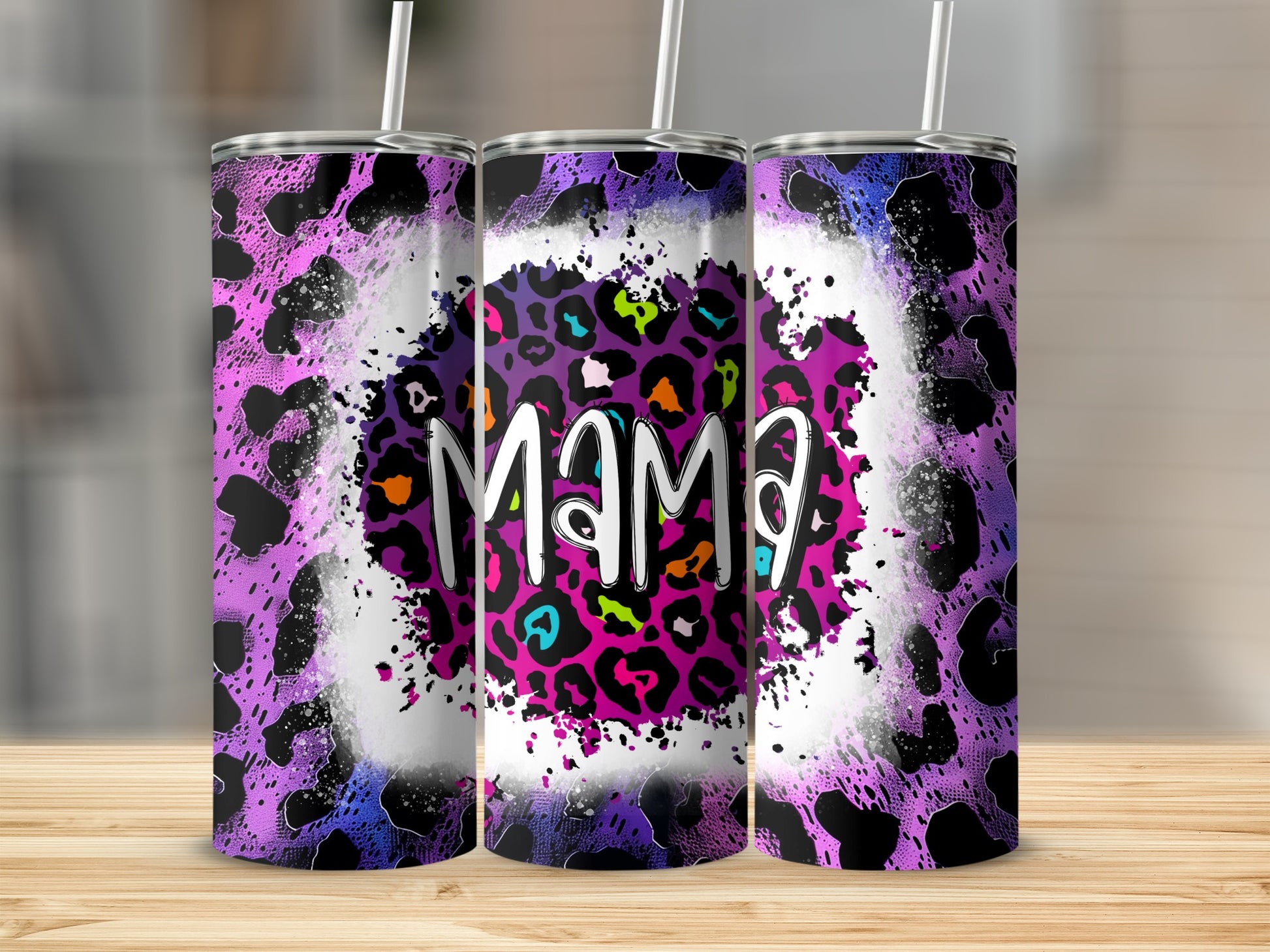 Mama Colorful Leopard Print Tumbler with Straw