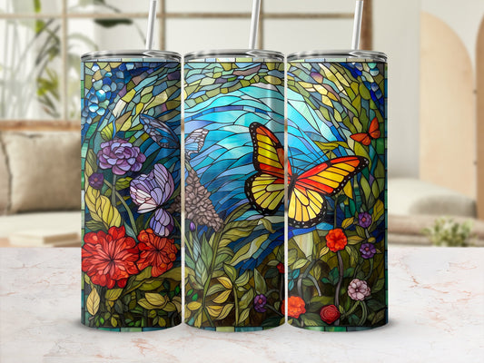 Three stained-glass-style tumblers featuring floral and butterfly designs.
