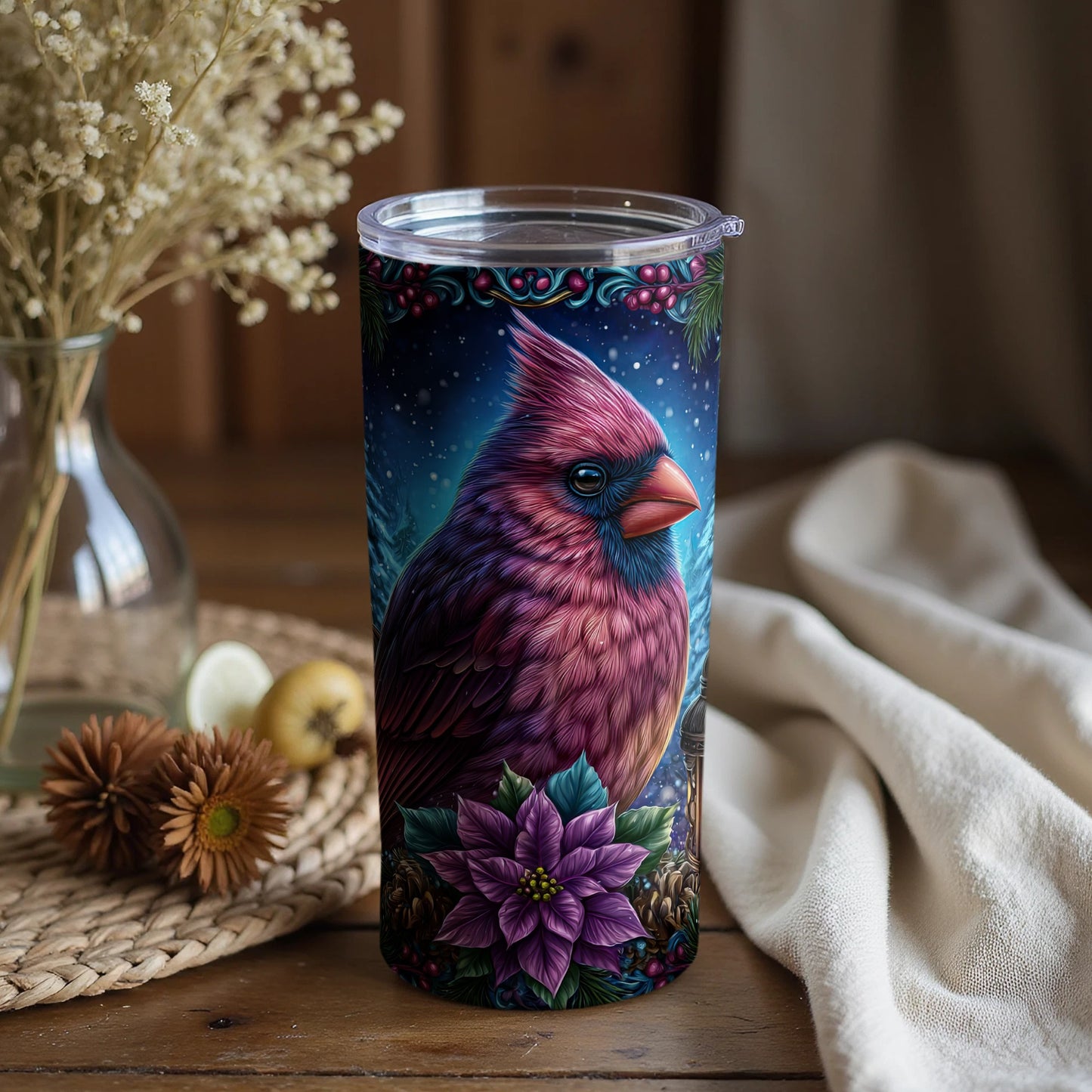 Vibrant Cardinal and Floral Design Insulated Tumbler