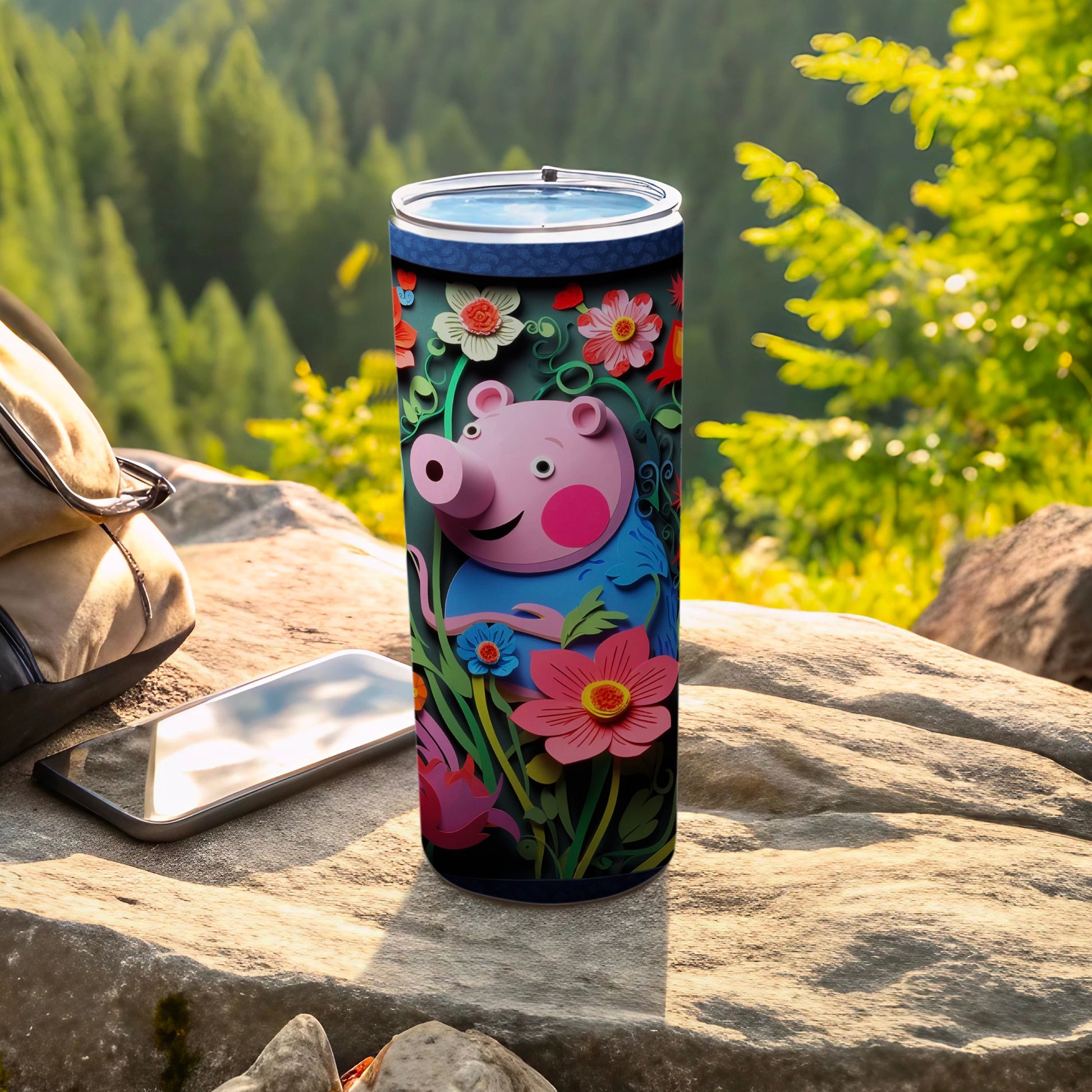 Cute Pig with Flowers and Leaves Tumbler Flask