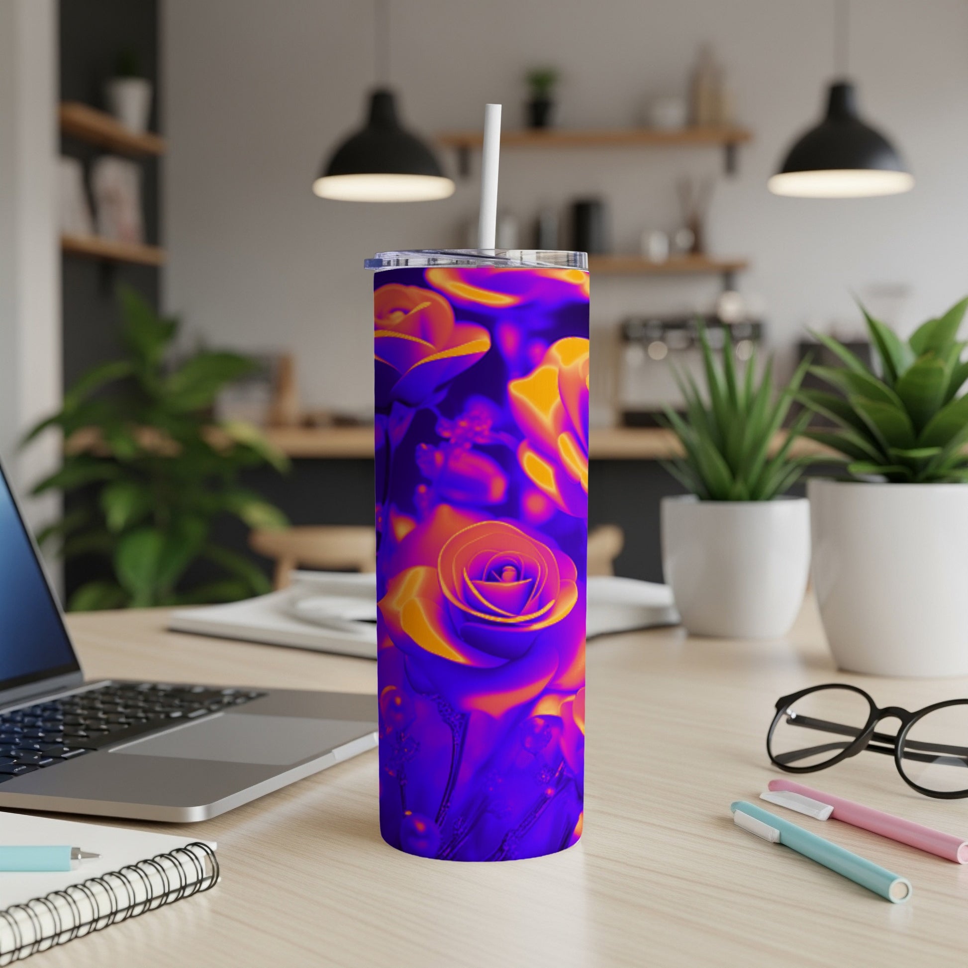 Tall tumbler with a vibrant floral rose design in purple and orange hues.