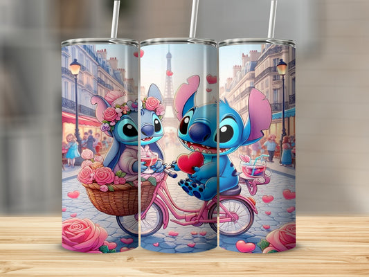 Adorable Character Couple on Bicycle Travel Mug Tumbler