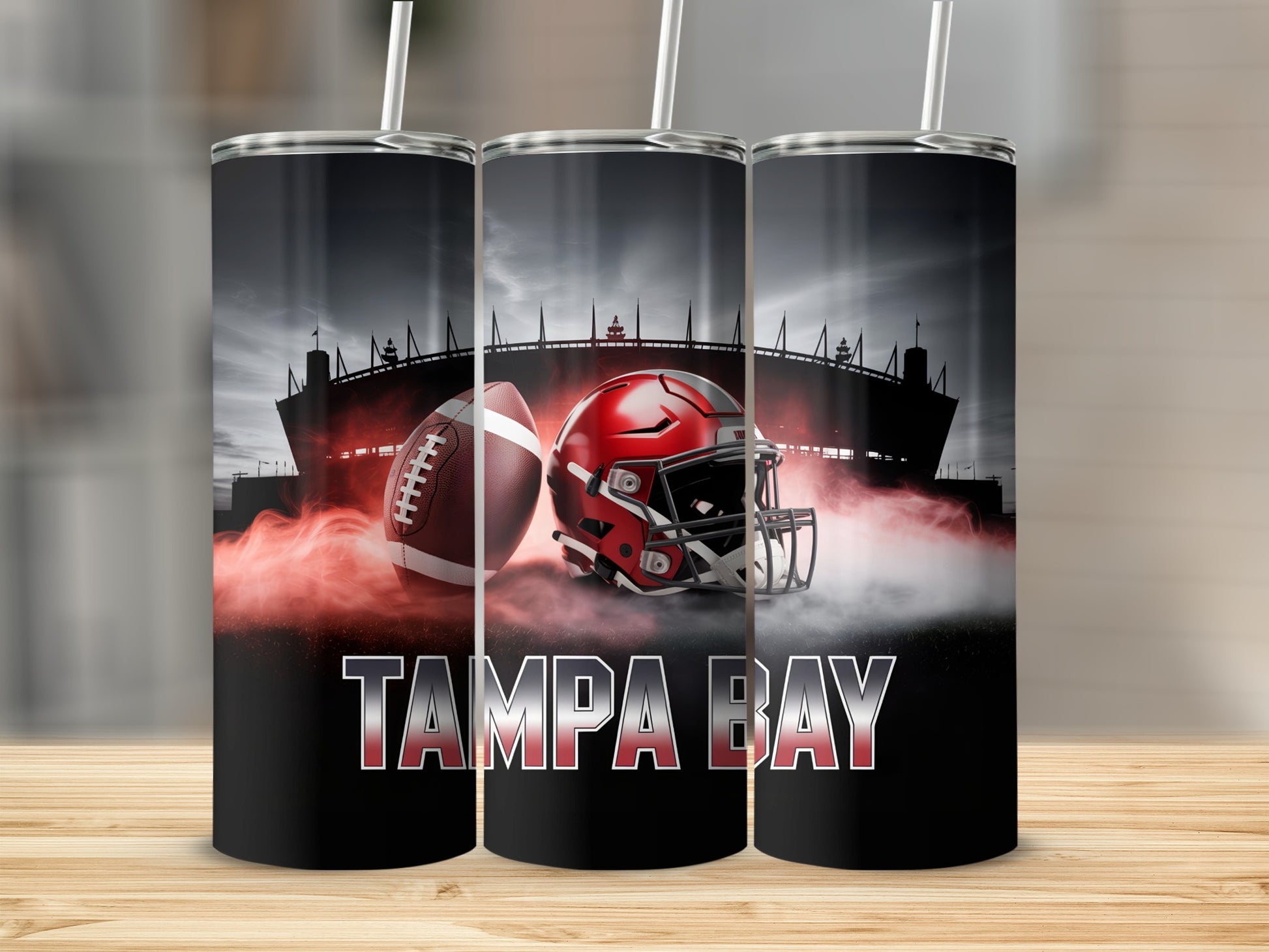 Tampa Bay Buccaneers football helmet and ball on stadium background.