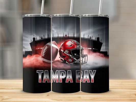 Tampa Bay Buccaneers football helmet and ball on stadium background.