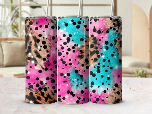 Leopard print and pink, teal, and black polka dot tumbler.