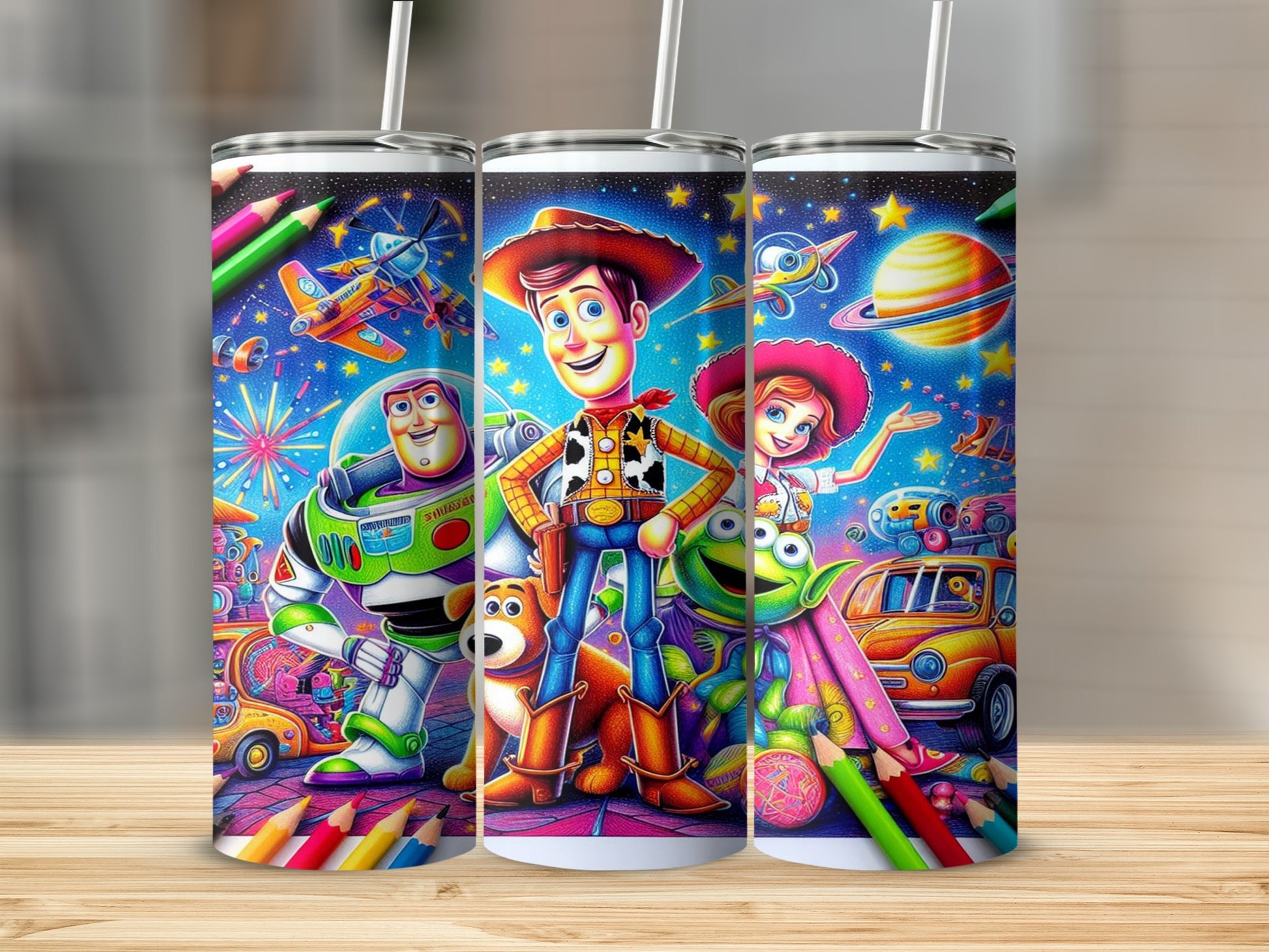 Buzz Lightyear, Woody, and alien from Toy Story on tumblers with colorful background.