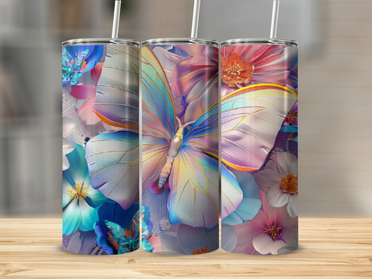 Three tumblers with iridescent butterflies and floral designs.