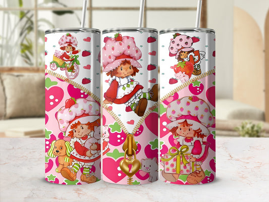 Three tumblers featuring Strawberry Shortcake characters, hearts, and a zipper design.