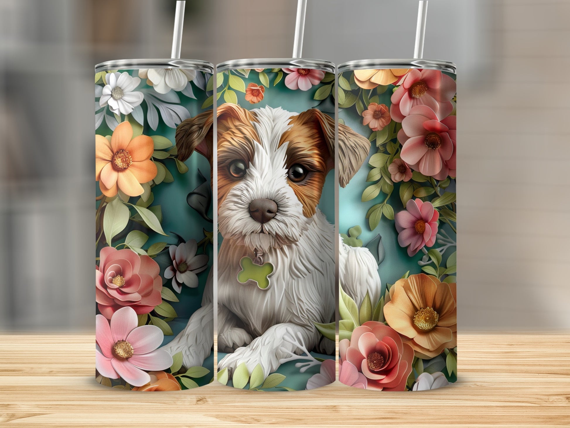 Jack Russell Terrier with flowers on a floral tumbler.