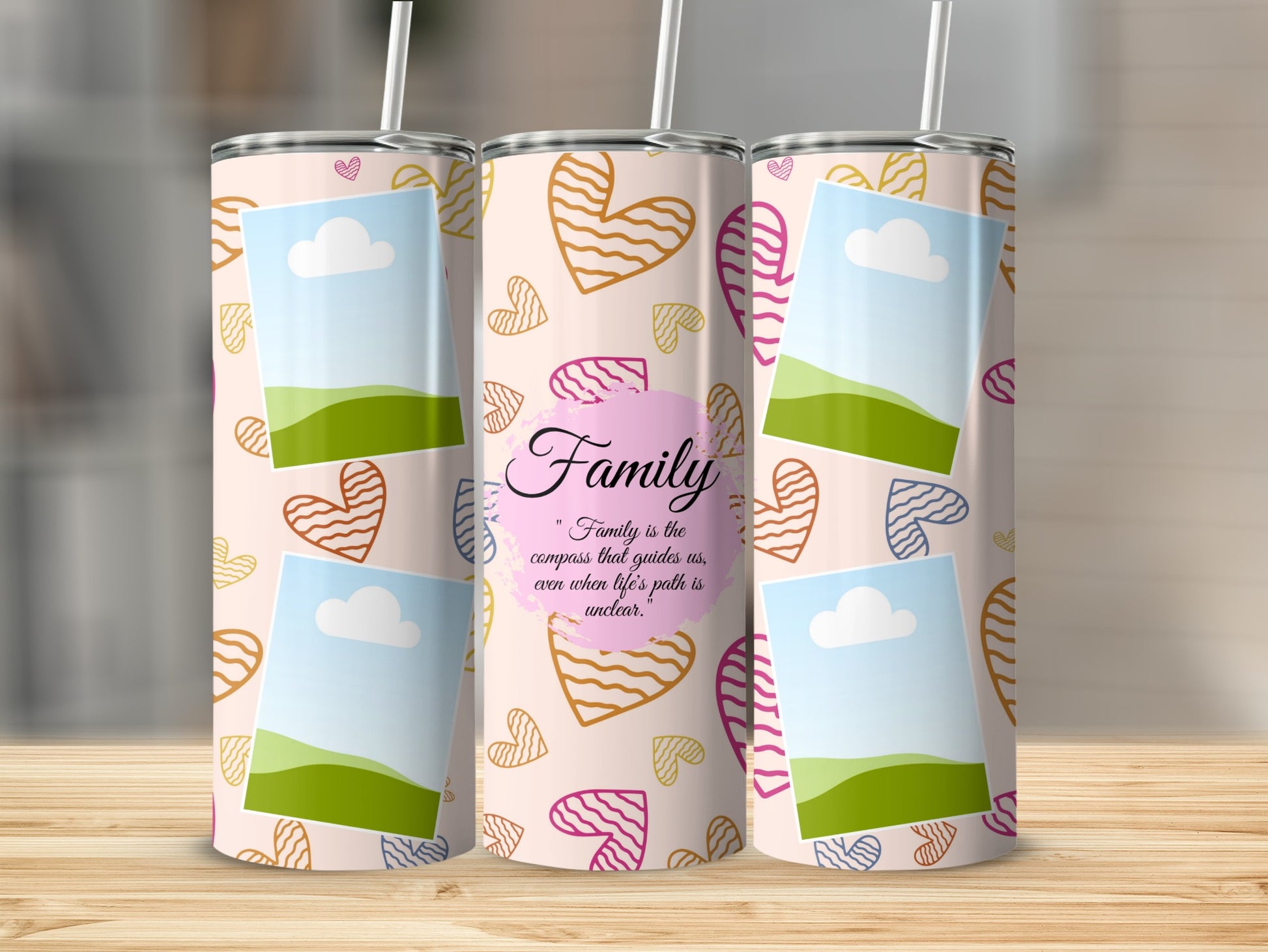Pink tumblers with heart pattern and placeholder photos, featuring the word "Family".