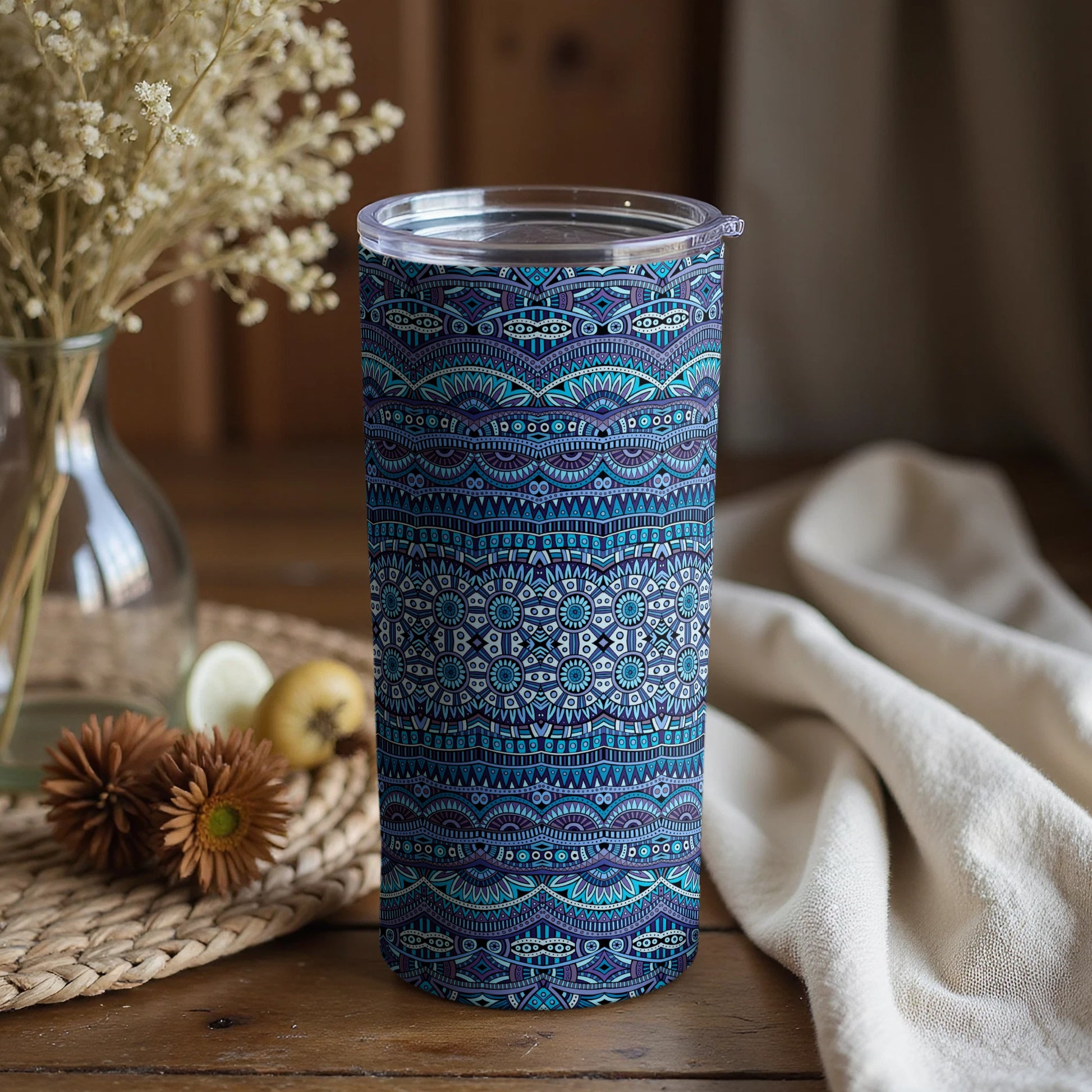 Blue and Green Aztec Design Tumbler with Lid Drinkware
