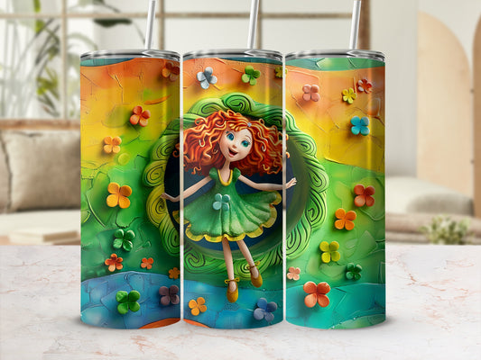 3D illustration of a whimsical girl with red hair and green dress surrounded by colorful flowers.