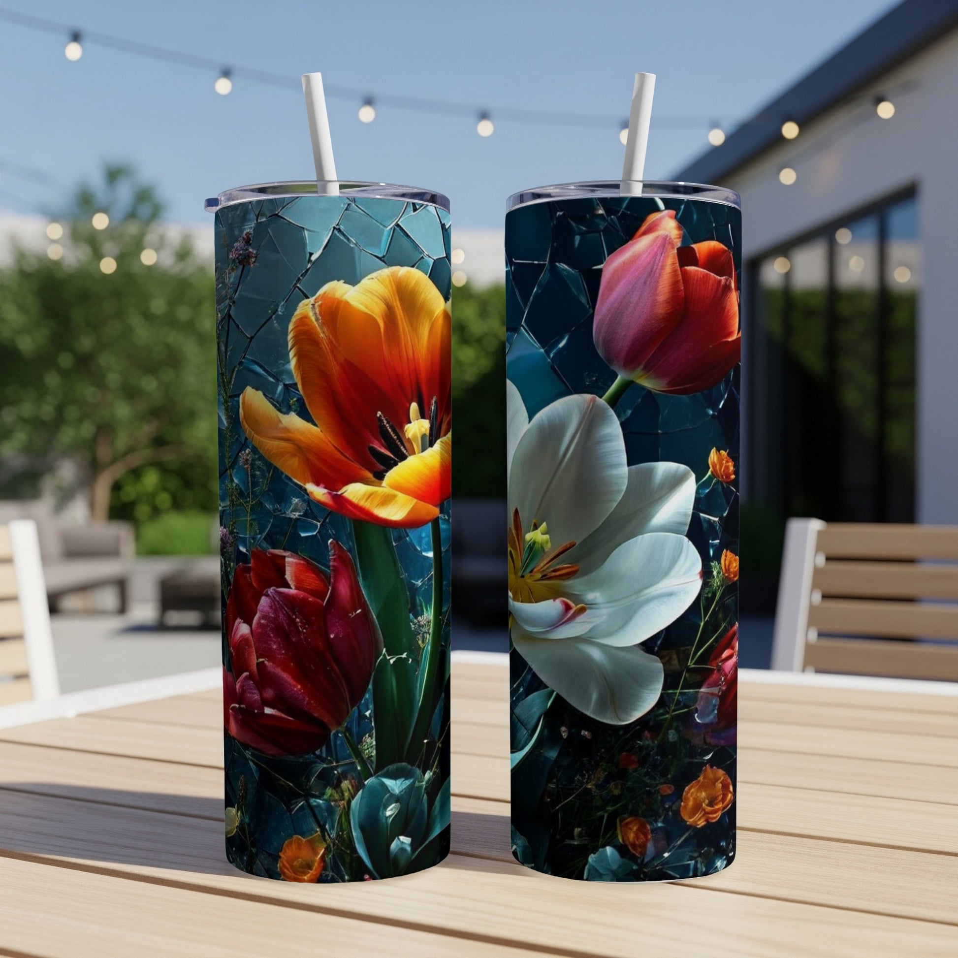 Two tumblers with vibrant floral tulip designs on a table outdoors.
