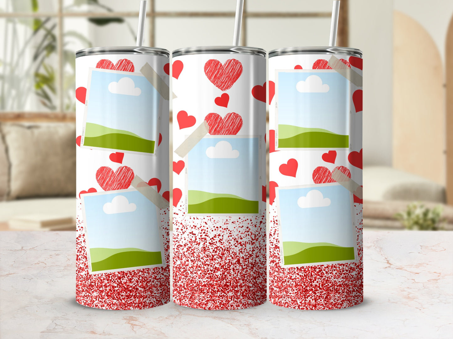 Three tumblers with red hearts and photo placeholders over red glitter bases.