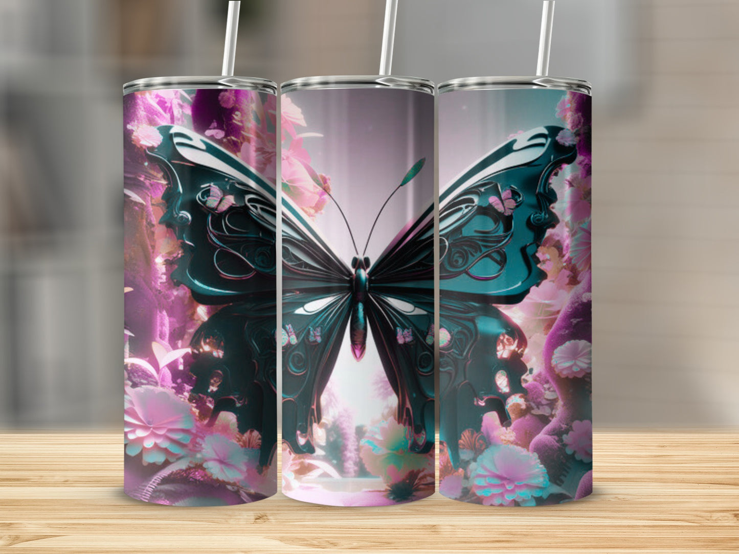 Pink and teal butterfly floral design on three tumblers.