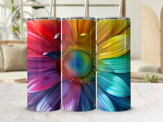 Three tumblers with vibrant rainbow floral patterns.