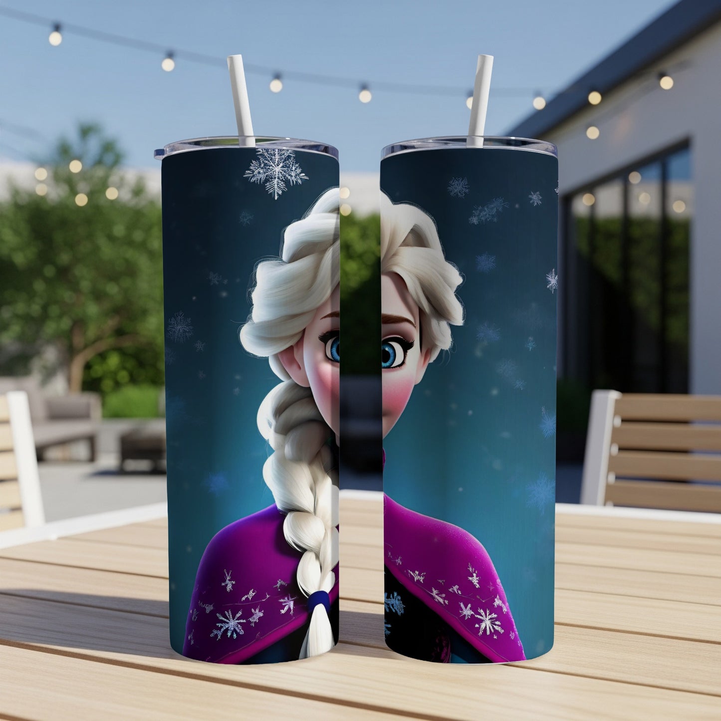 Elsa from Frozen on two tumblers with straws, against a dark, snowy background.