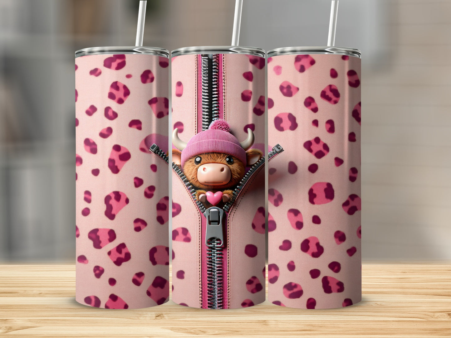 Pink leopard print tumbler with zipped opening revealing a cartoon cow wearing a hat.