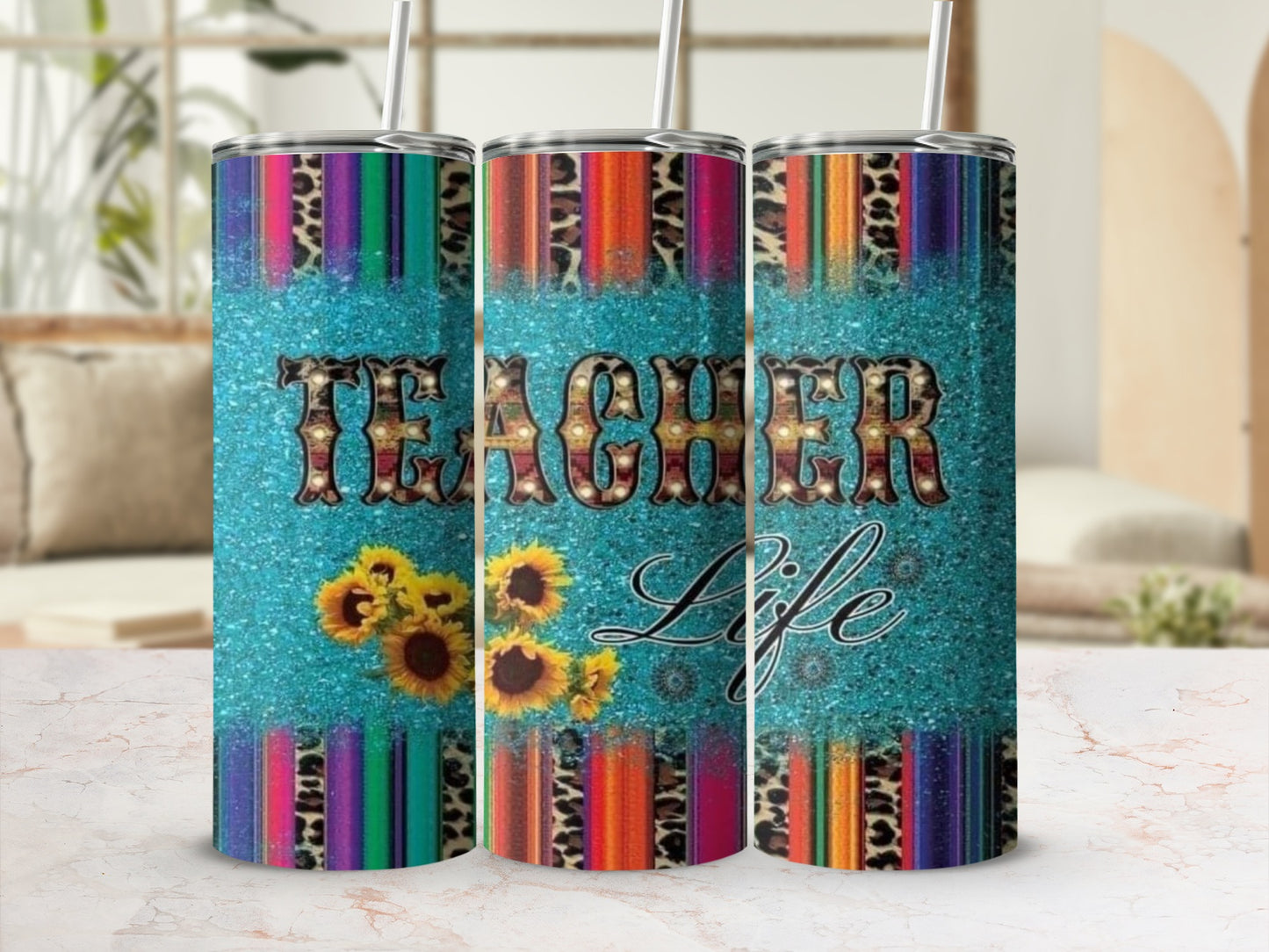 Teacher Life Design with Sunflowers and Leopard Prints Tumblers