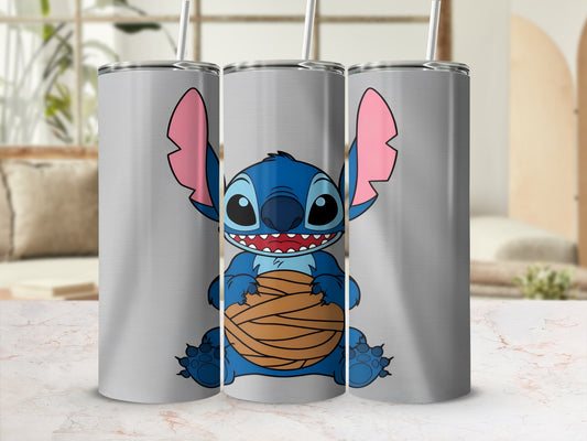 Three tumblers featuring Stitch holding a ball of yarn.