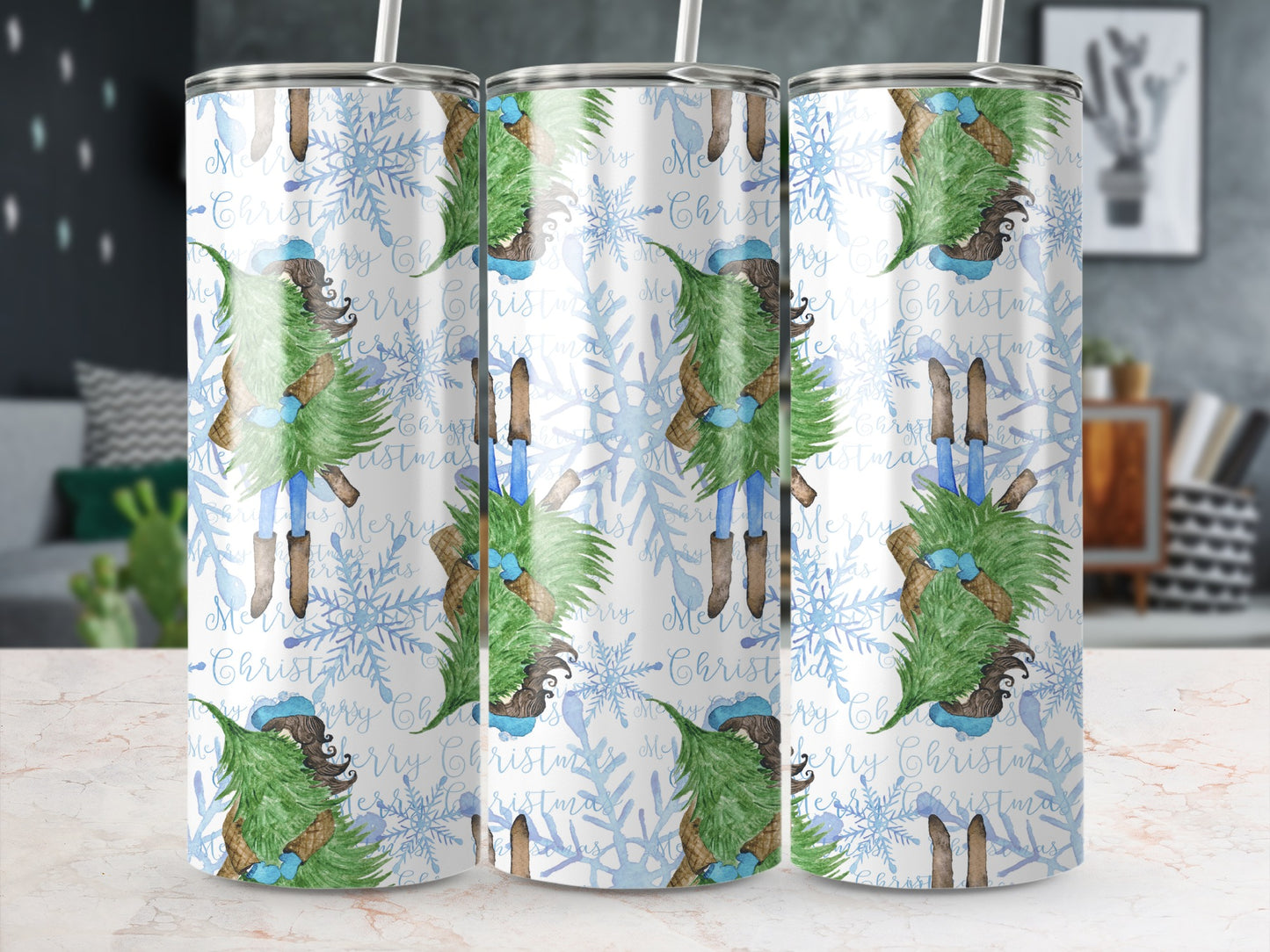 Tumbler with a repeating pattern of a gnome holding a Christmas tree and snowflakes.