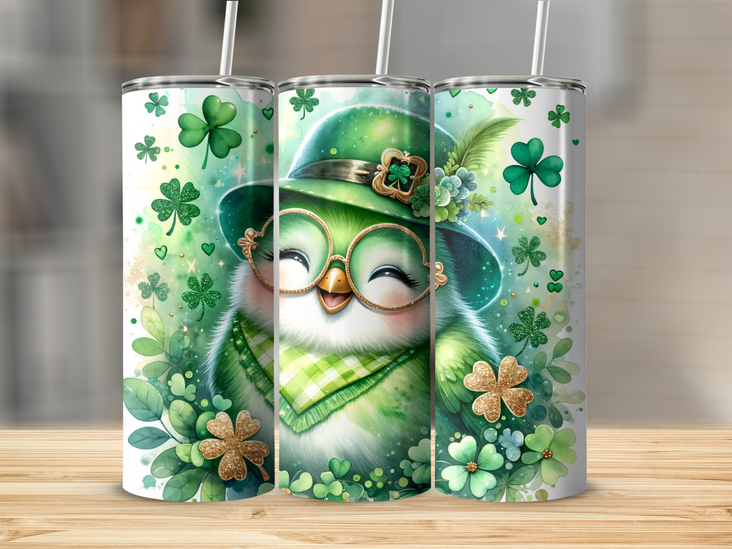 Green St. Patrick's Day bird in hat with shamrocks and sparkles on tumblers.