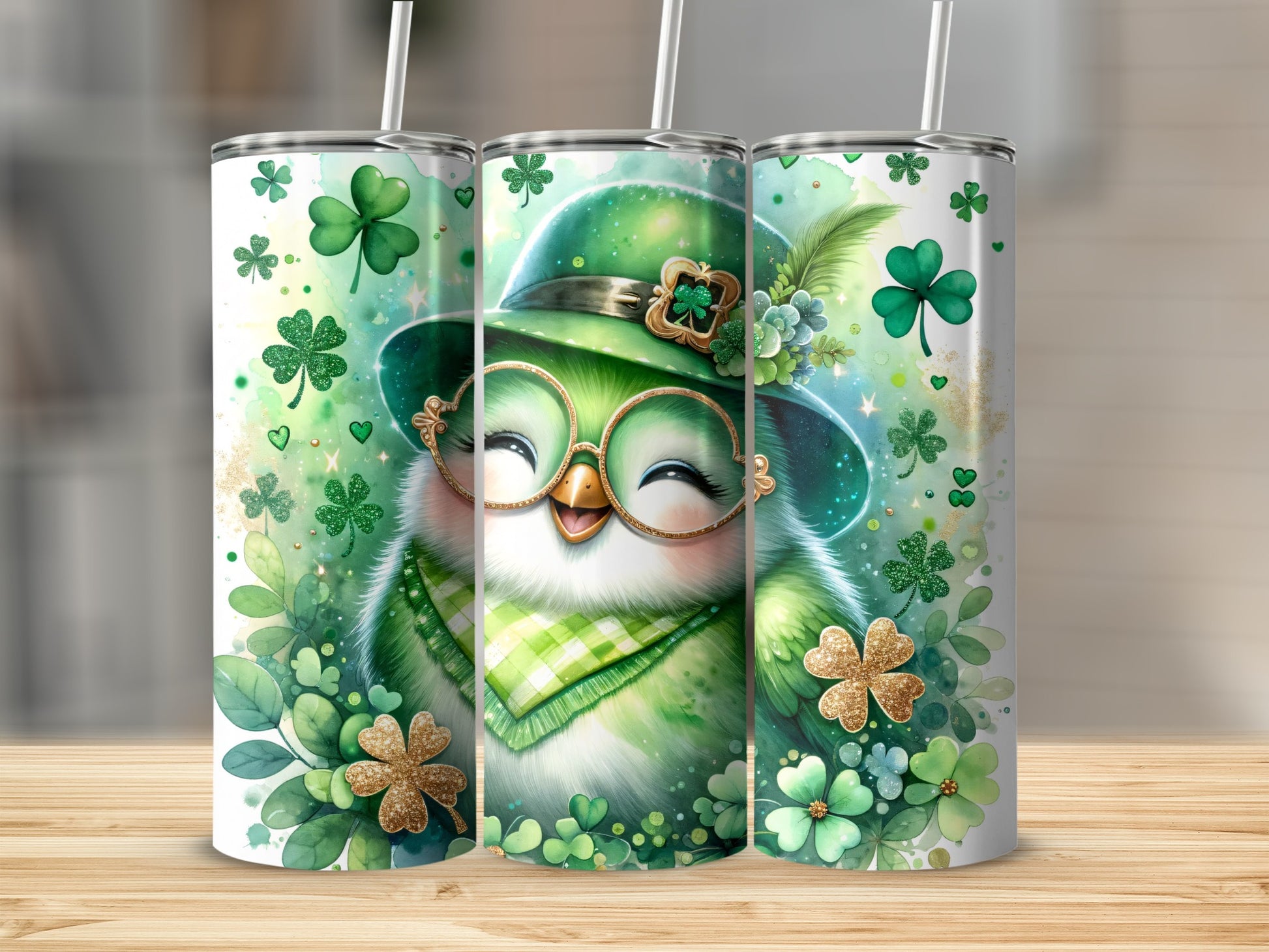 Green St. Patrick's Day bird in hat with shamrocks and sparkles on tumblers.