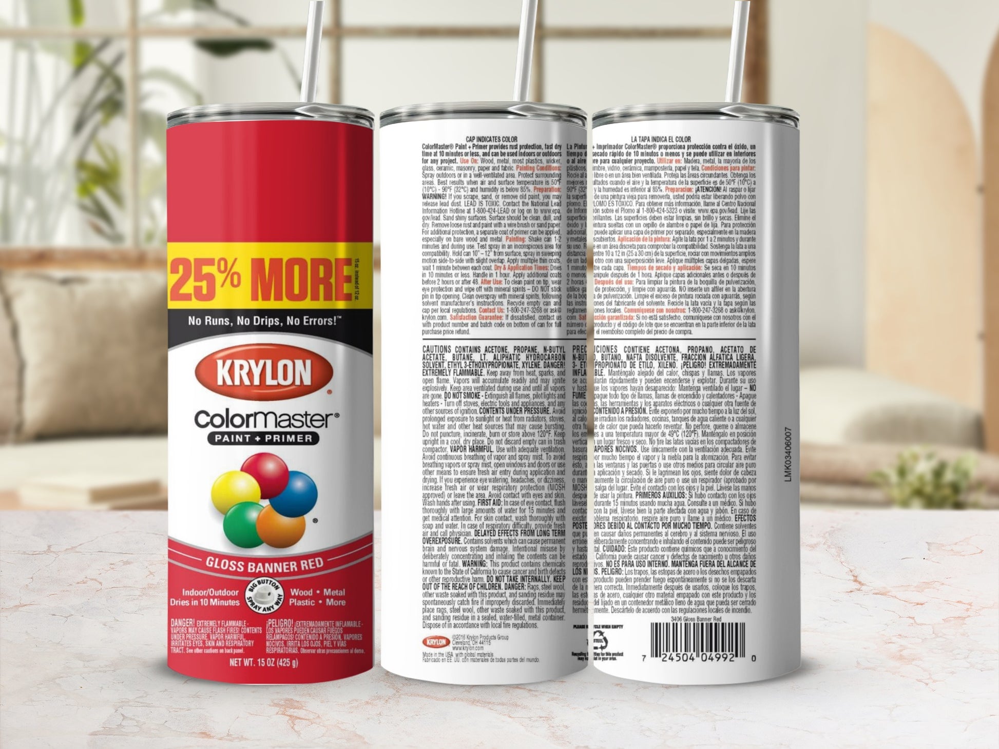 Krylon Colormaster Gloss Banner Red spray paint can with text.