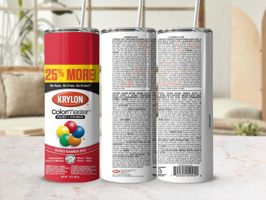 Krylon Colormaster Gloss Banner Red spray paint can with text.