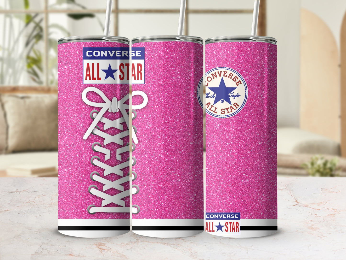 Pink glitter tumbler with Converse All-Star logo and shoelace design.