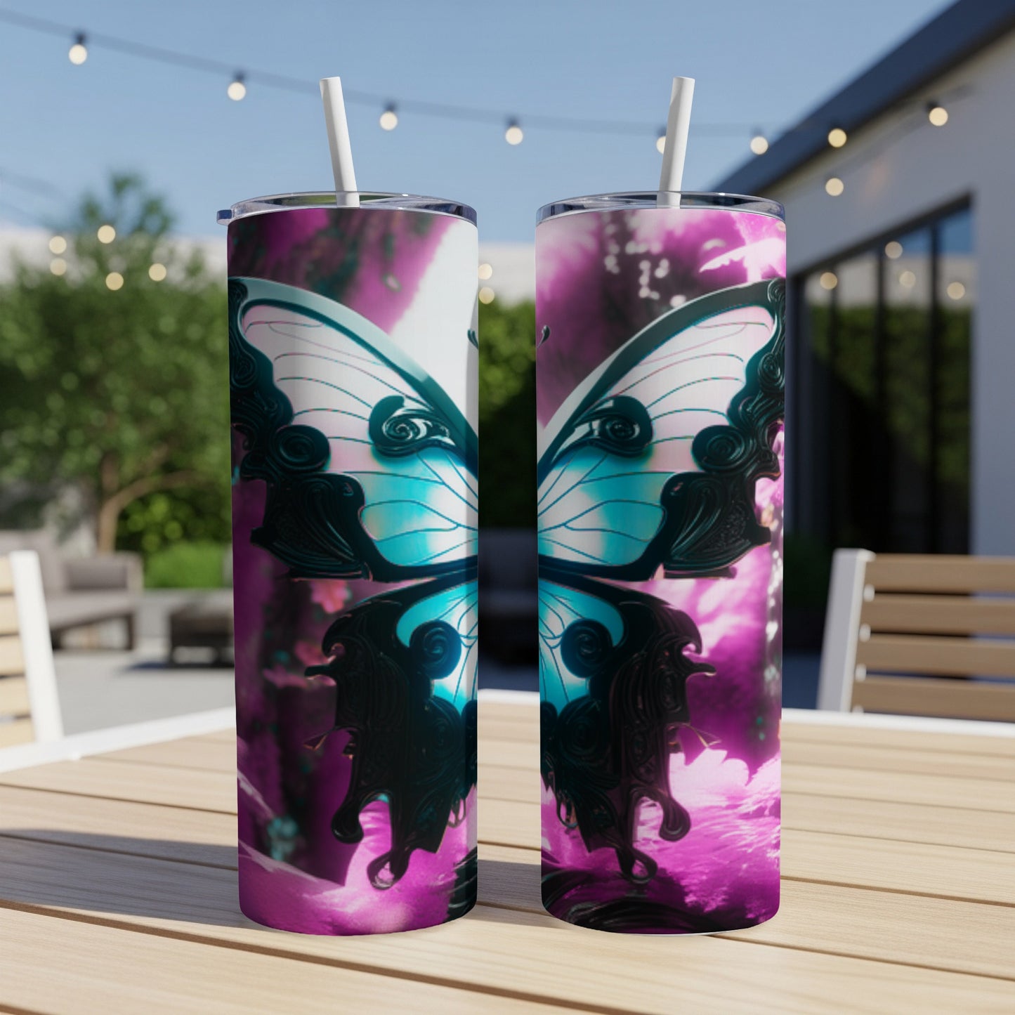 Two tumblers with a detailed butterfly wing design in blue and pink.