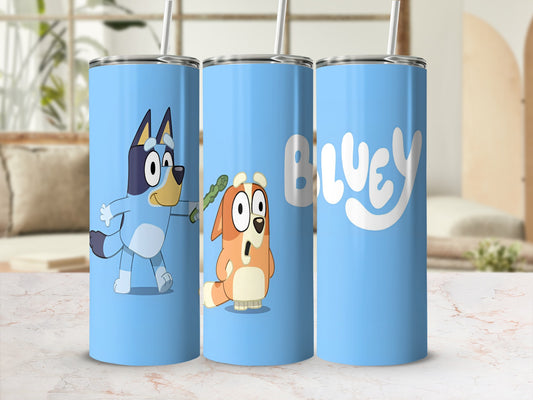 Bluey and Bingo characters with "BLUEY" text on a light blue tumbler.