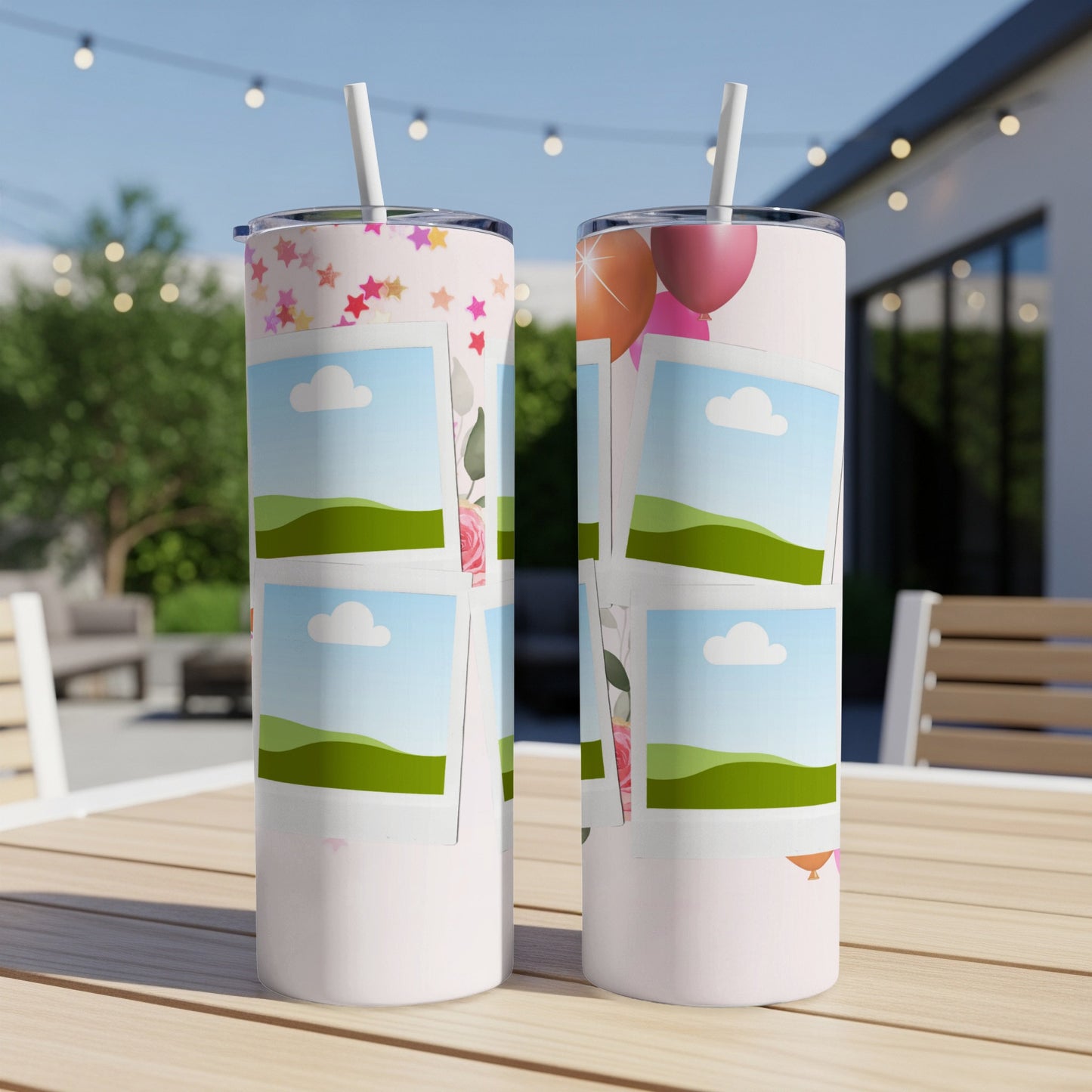 Two tumblers with space for photos, featuring stars, clouds, and balloons.
