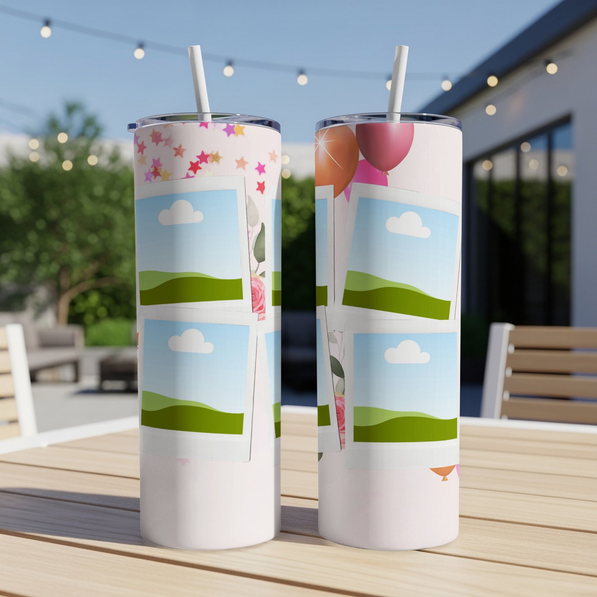 Two tumblers with space for photos, featuring stars, clouds, and balloons.