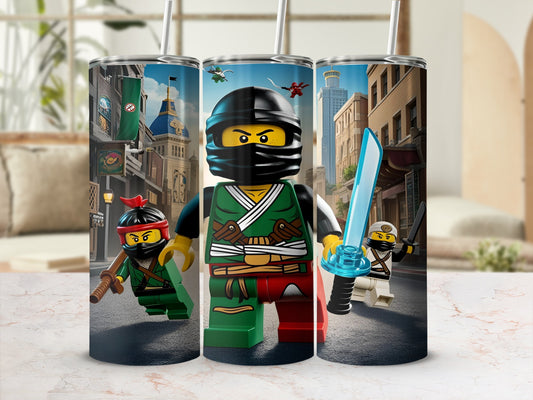 Ninja characters in action poses with weapons on a city street background.
