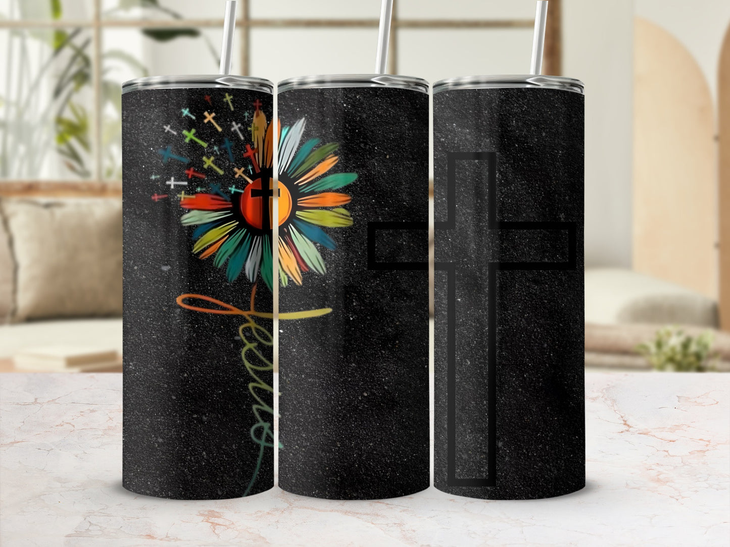 Cross and Colorful Flower Design on Black Tumblers